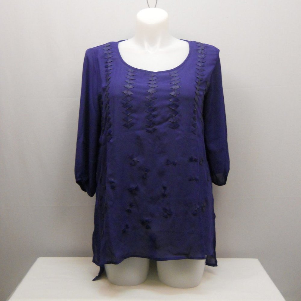 Wapi Women's Sheer Top Solid Deep Blue Pleather-Trim Plus Size 1X